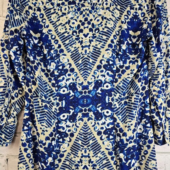 WOMENS CABI SHIRT DRESS BUTTON FRONT NAVY CREAM PATTERN LONG SLEEVE SIZE SMALL - Picture 6 of 8